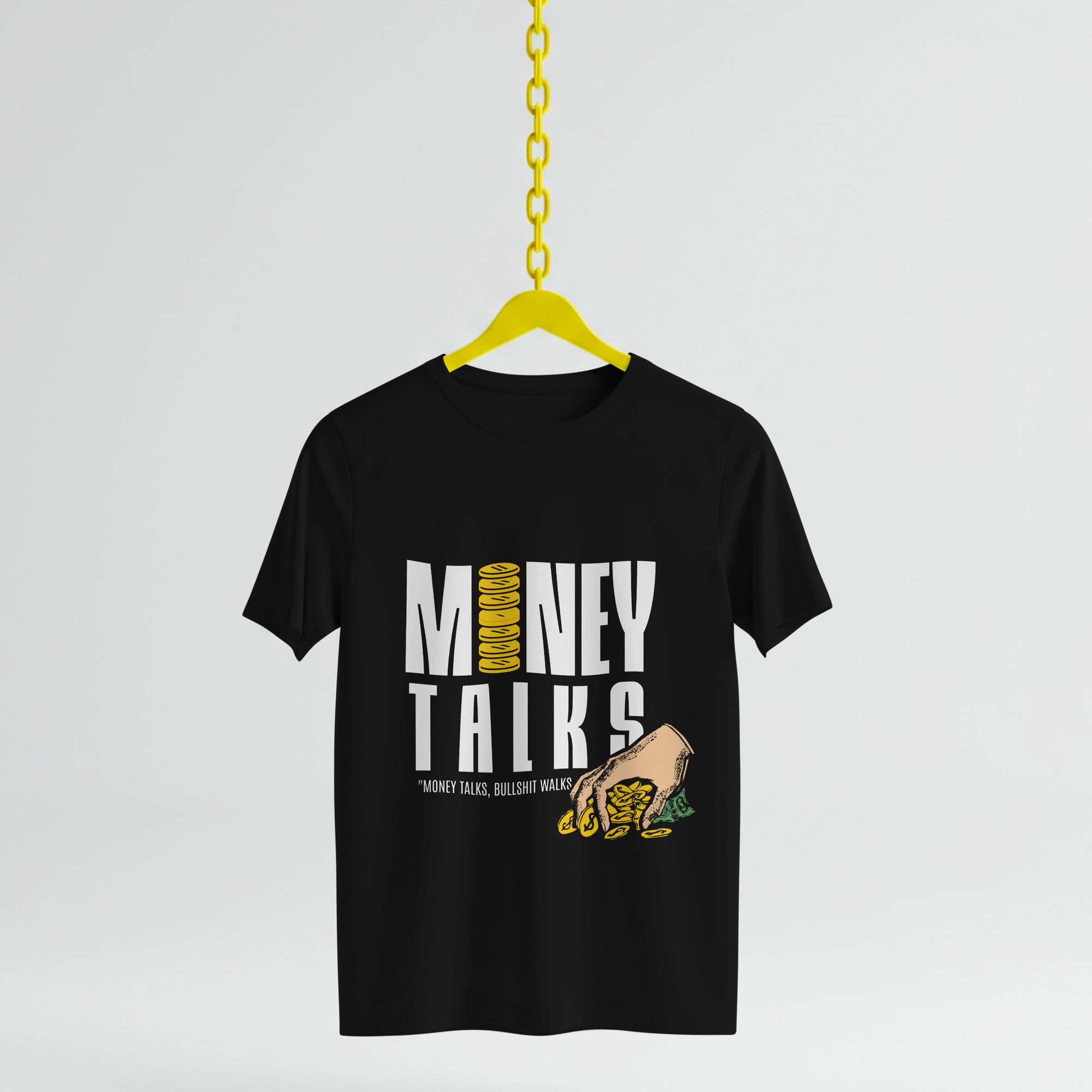 Black t-shirt with 'Money Talks' graphic design on a yellow hanger against a light gray background