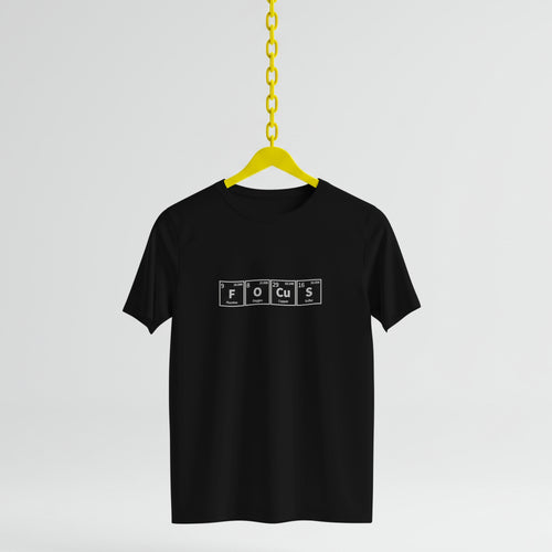 Black t-shirt with 'FOCUS' text on a yellow hanger against a light gray background