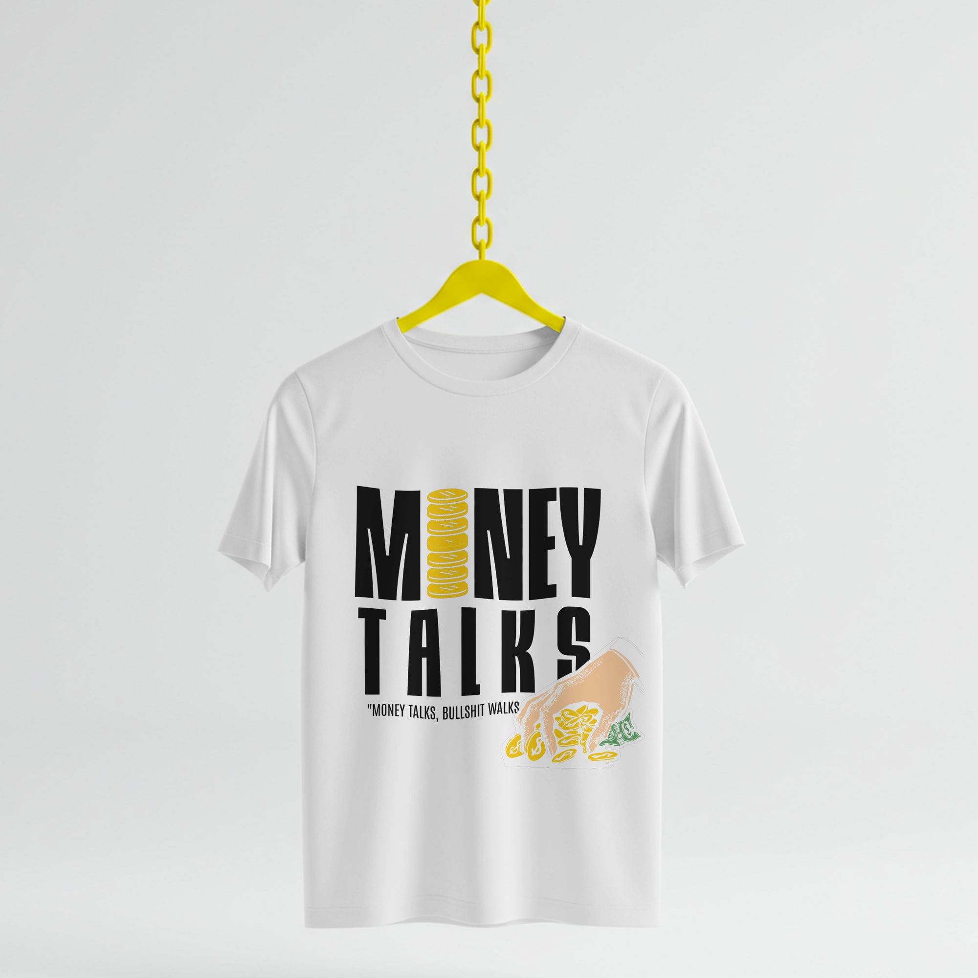 White t-shirt with 'Money Talks' graphic design on a yellow hanger against a white background