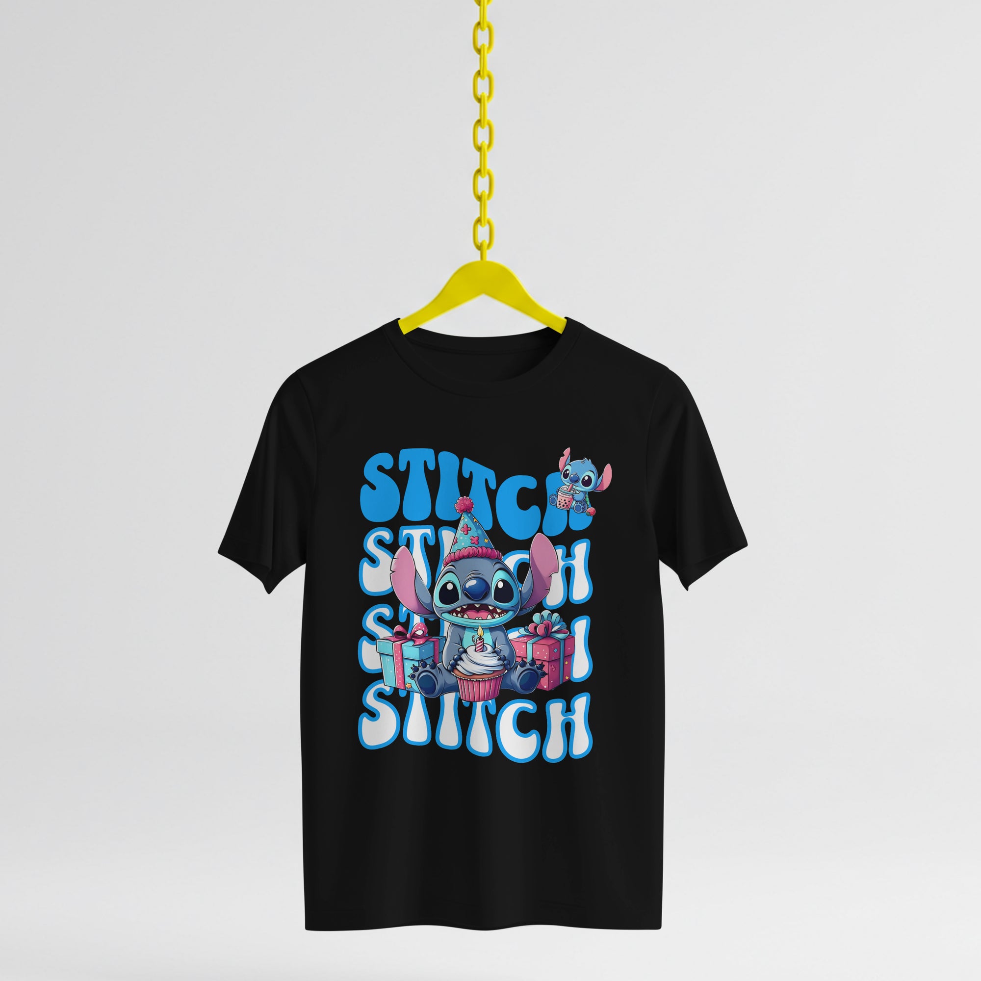 Black t-shirt with cartoon character and 'STITCH' text on a yellow hanger against a white background