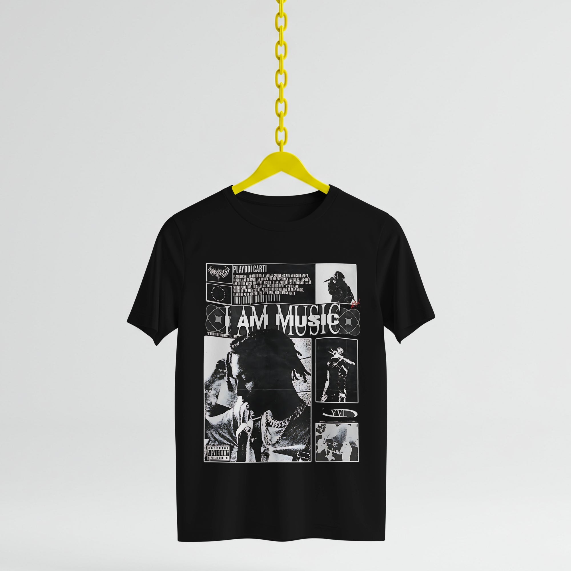 Black t-shirt with graphic design on a yellow hanger against a light gray background