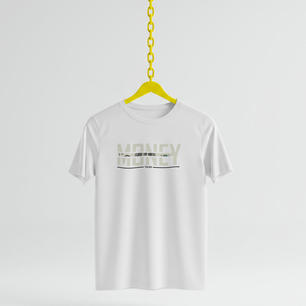 White t-shirt with 'Money' text on a yellow hanger against a white background