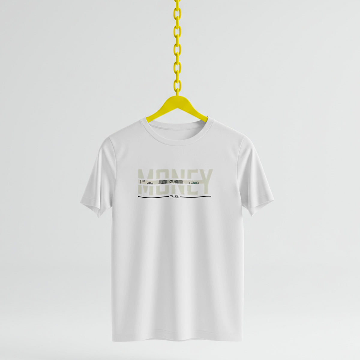 White t-shirt with 'Money' text on a yellow hanger against a white background