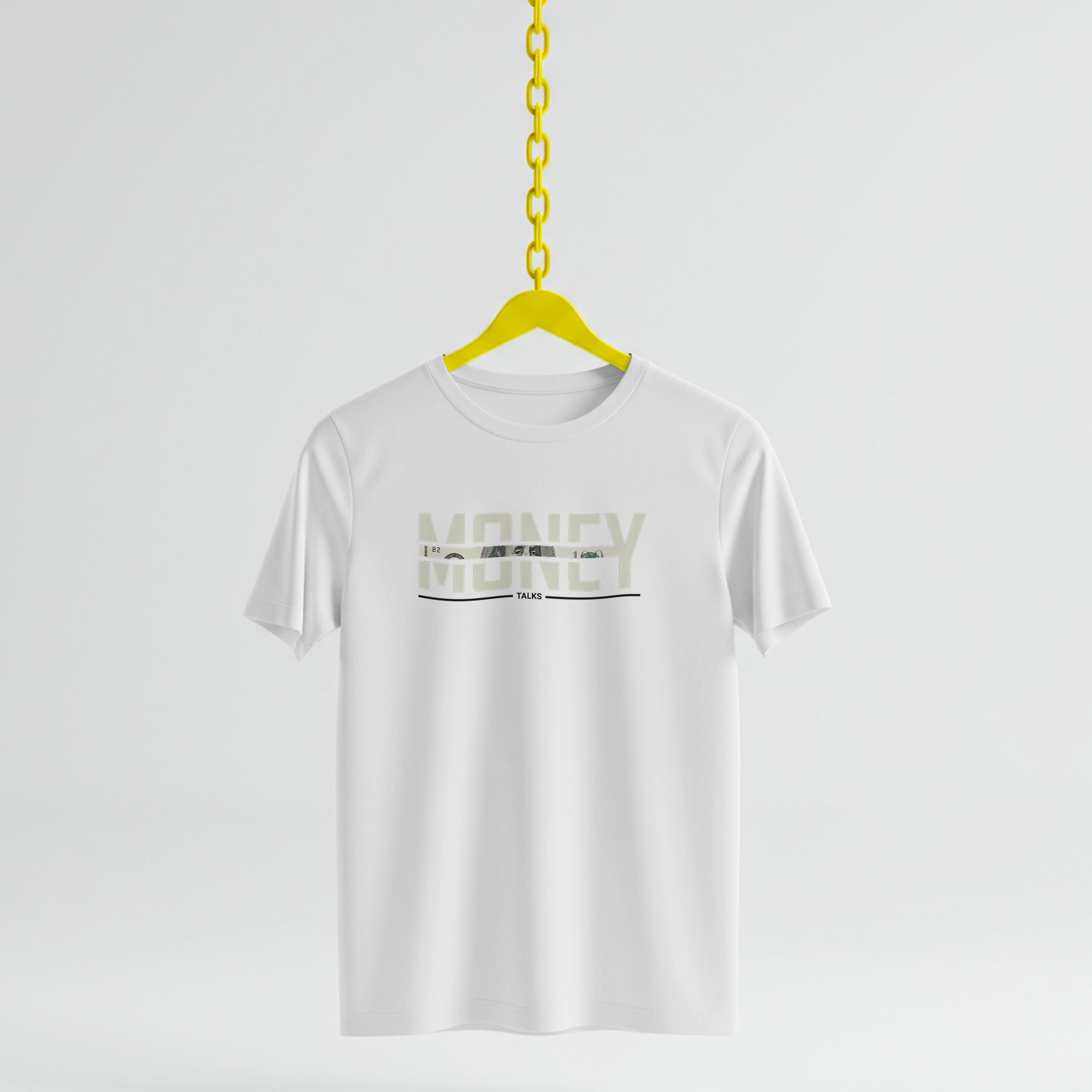 White t-shirt with 'Money' text on a yellow hanger against a white background