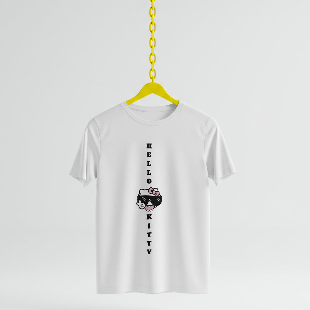 White t-shirt with 'Hello Kitty' design and text on a yellow hanger against a white background