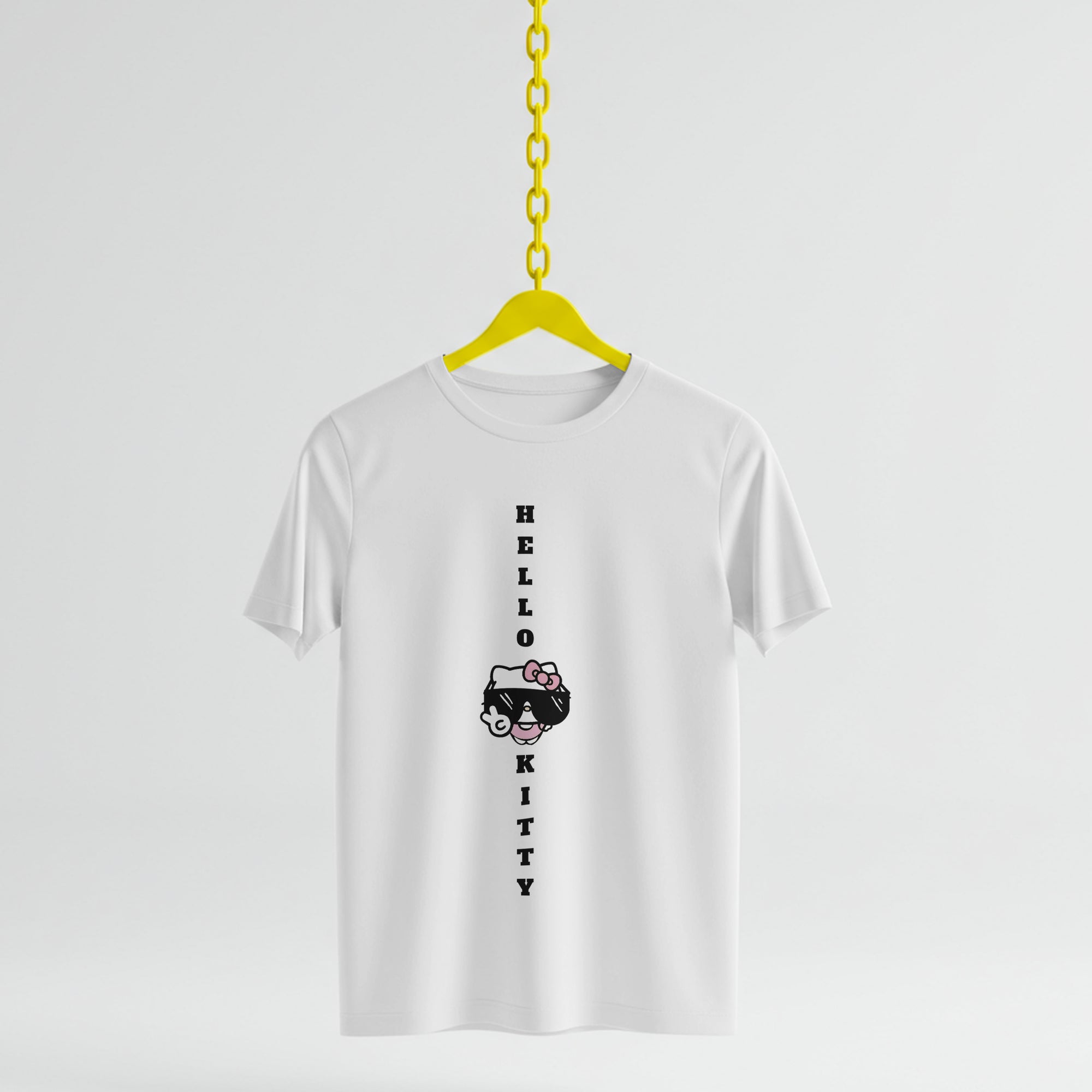 White t-shirt with 'Hello Kitty' design and text on a yellow hanger against a white background