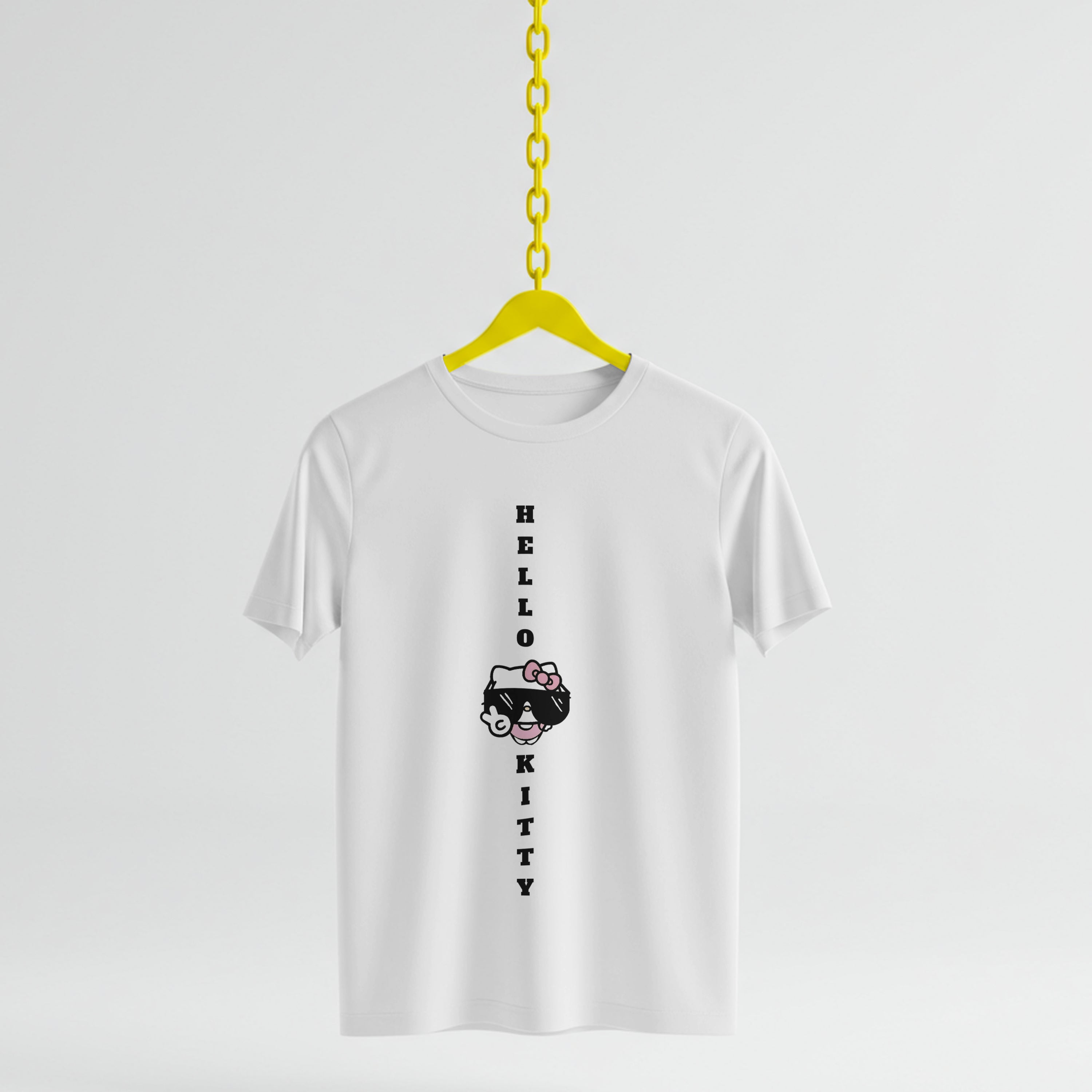White t-shirt with 'Hello Kitty' design and text on a yellow hanger against a white background