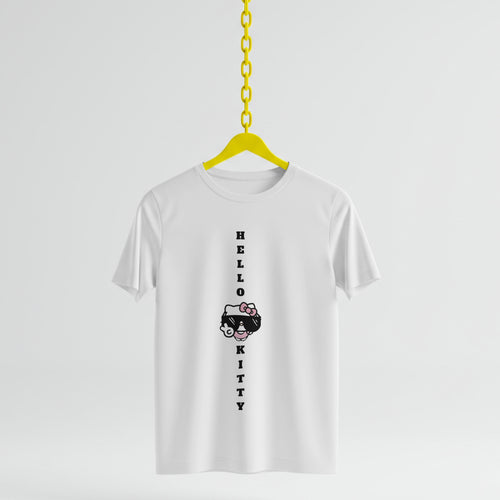 White t-shirt with 'Hello Kitty' design and text on a yellow hanger against a white background