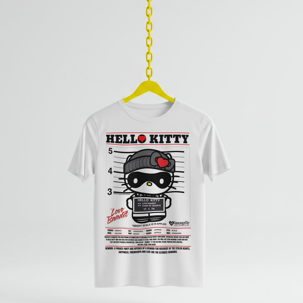 White t-shirt with Hello Kitty graphic design on a yellow hanger against a white background