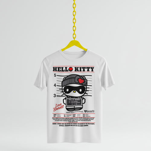White t-shirt with Hello Kitty graphic design on a yellow hanger against a white background