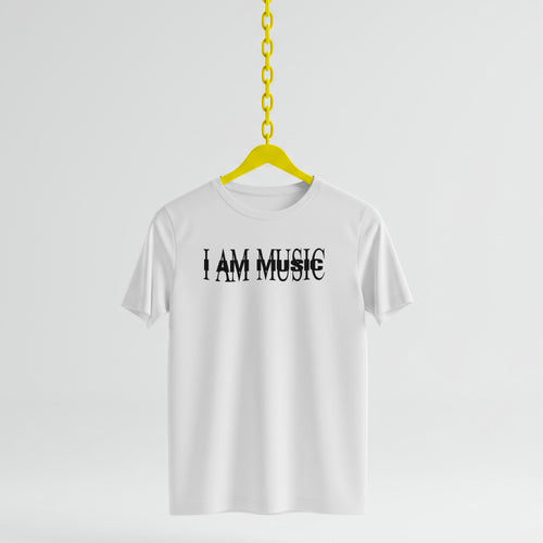 White t-shirt with 'I AM MUSIC' text on a yellow hanger against a white background