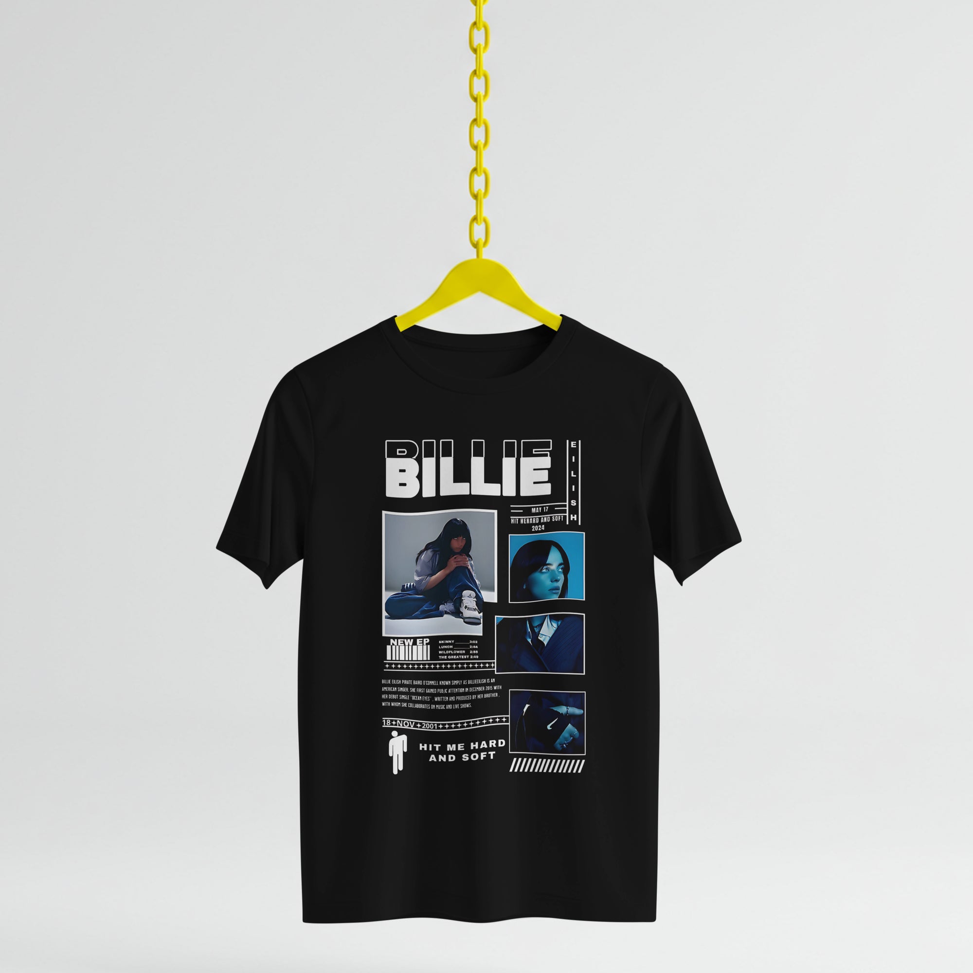 Black t-shirt with 'Billie' graphic design on a yellow hanger against a light gray background