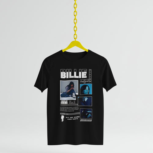 Black t-shirt with 'Billie' graphic design on a yellow hanger against a light gray background