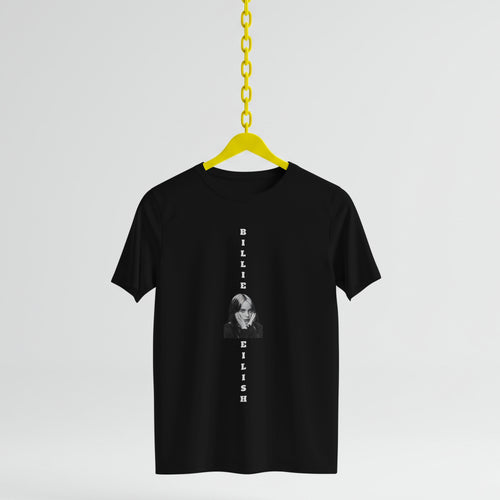 Black t-shirt with a graphic of a person and text on a yellow hanger against a light gray background