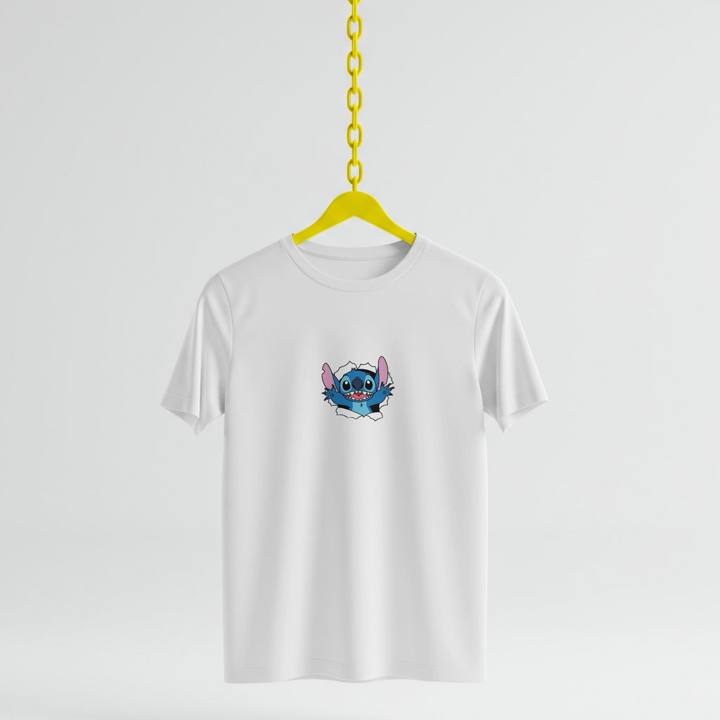 White t-shirt with a cartoon character on a yellow hanger against a white background