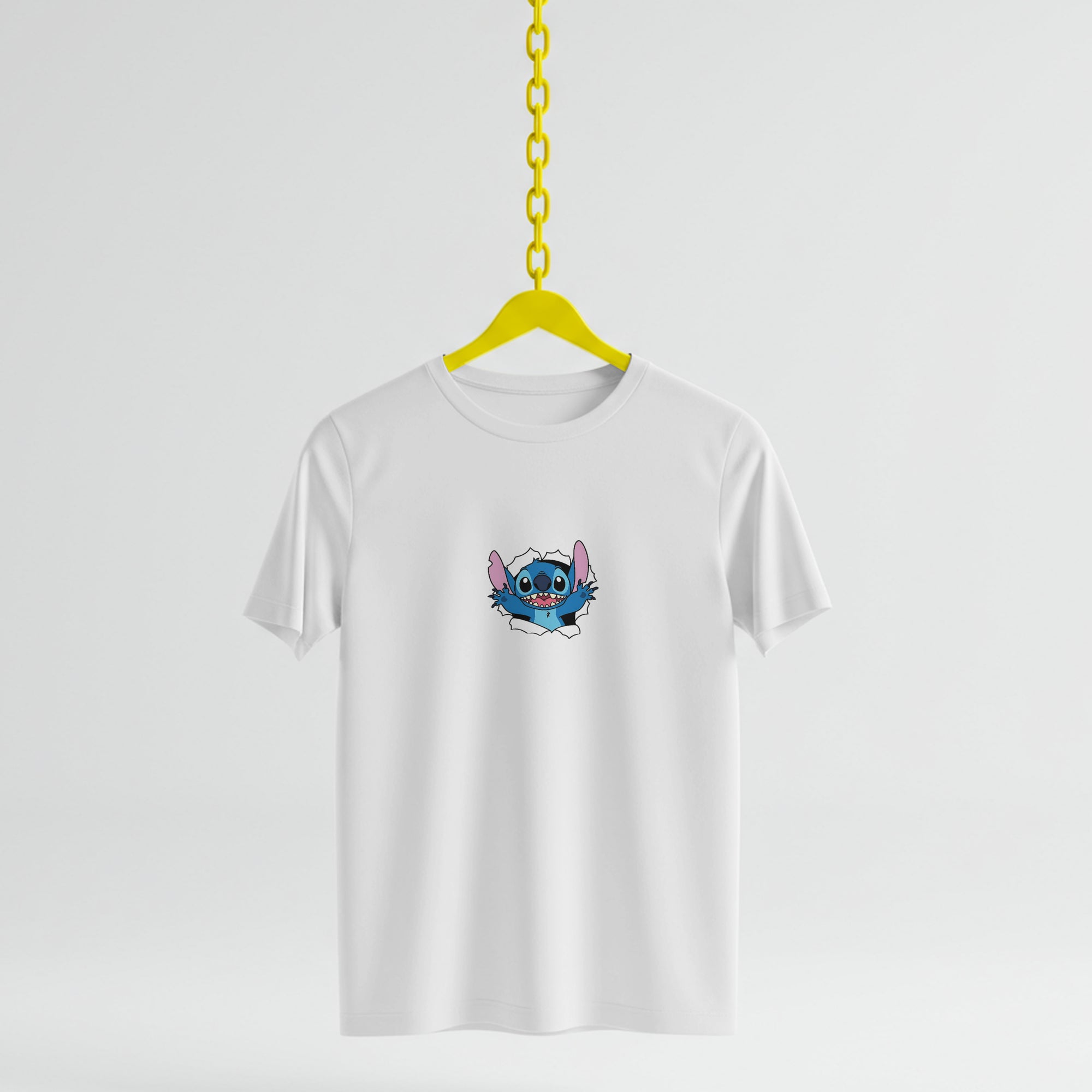 White t-shirt with a cartoon character on a yellow hanger against a white background